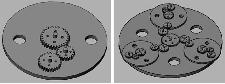 圖四：小轉(zhuǎn)盤中行星齒輪設(shè)計；圖五：大轉(zhuǎn)盤中齒輪傳動設(shè)計